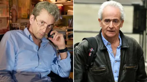 ITV/PA Media David Tennant in The Hack, pictured on the phone with a book case in the background, and journalist Nick Davies pictured in 2011, outdoors, wearing a black leather jacket and light blue shirt