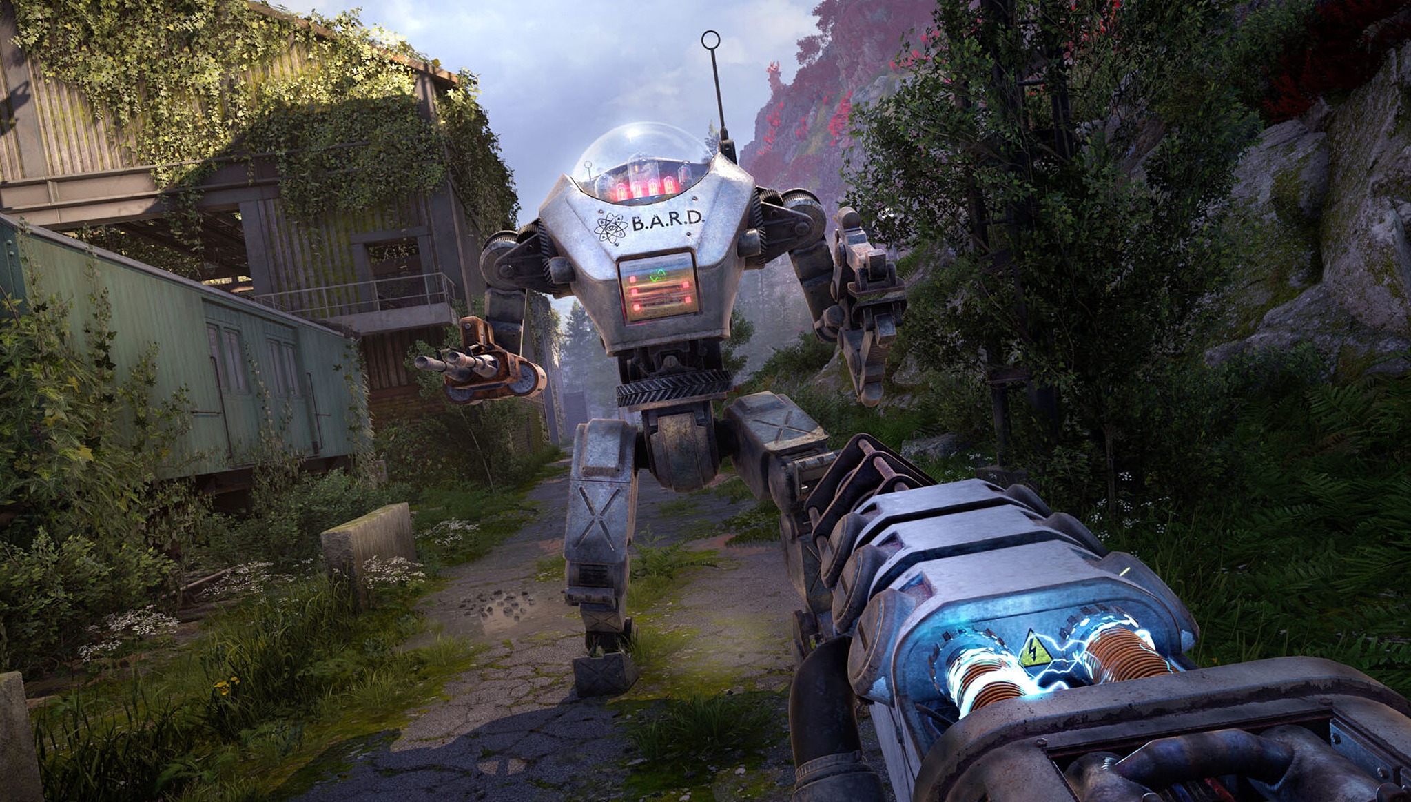 Promotional screenshot of the player fighting a robot in Atomfall's The Red Strain DLC