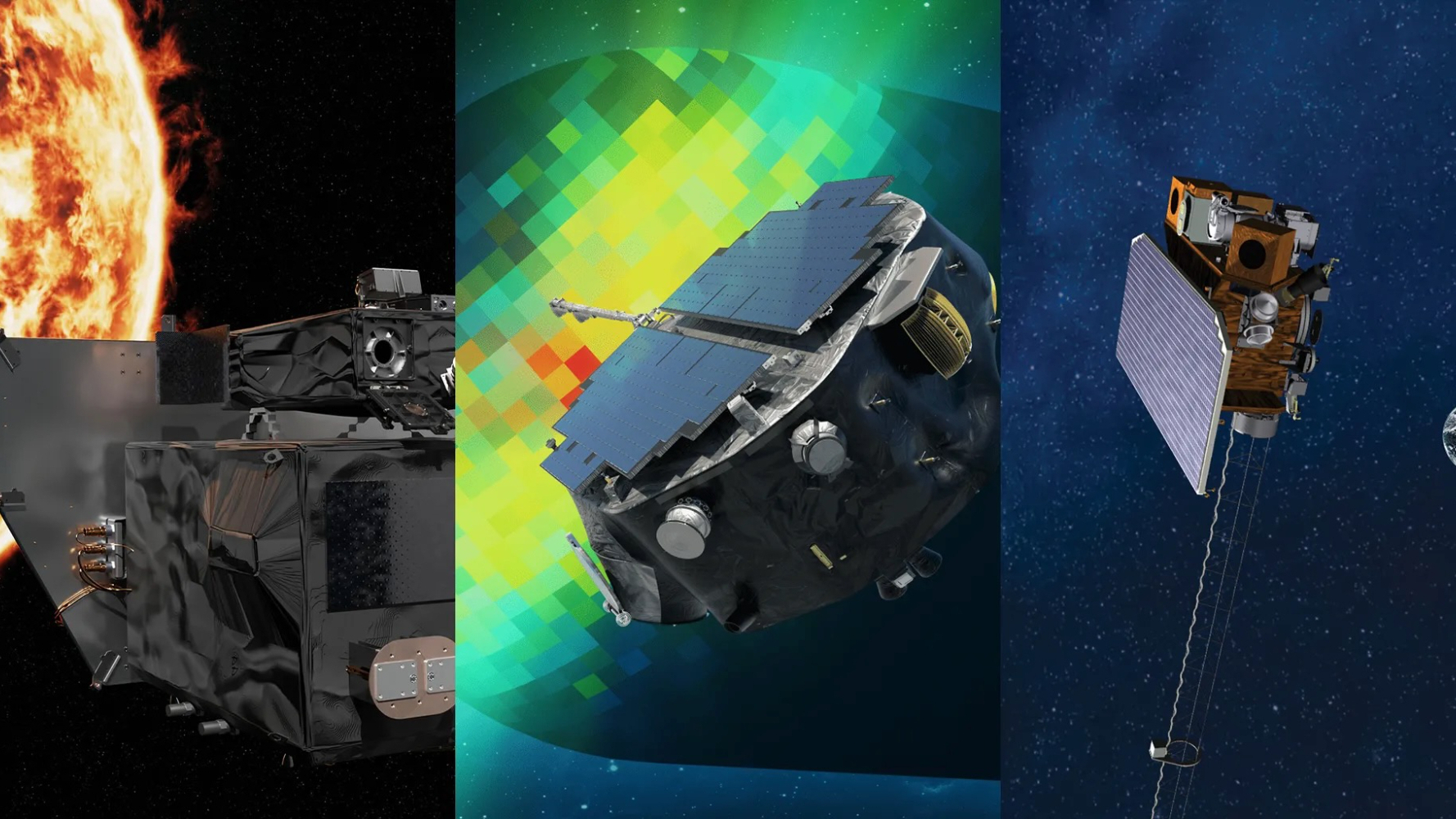 illustration of three different sun-studying probes in deep space