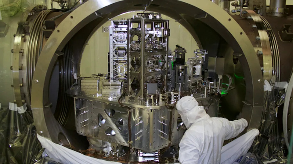 Inside a horizontal access module chamber as Advanced LIGO was being assembled prior to its first observing run in 2015.
