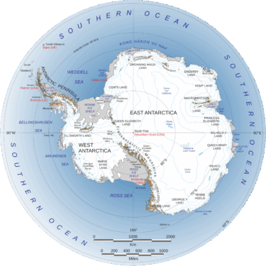A map of Antarctica showing where the West Antarctic ice sheet is located
