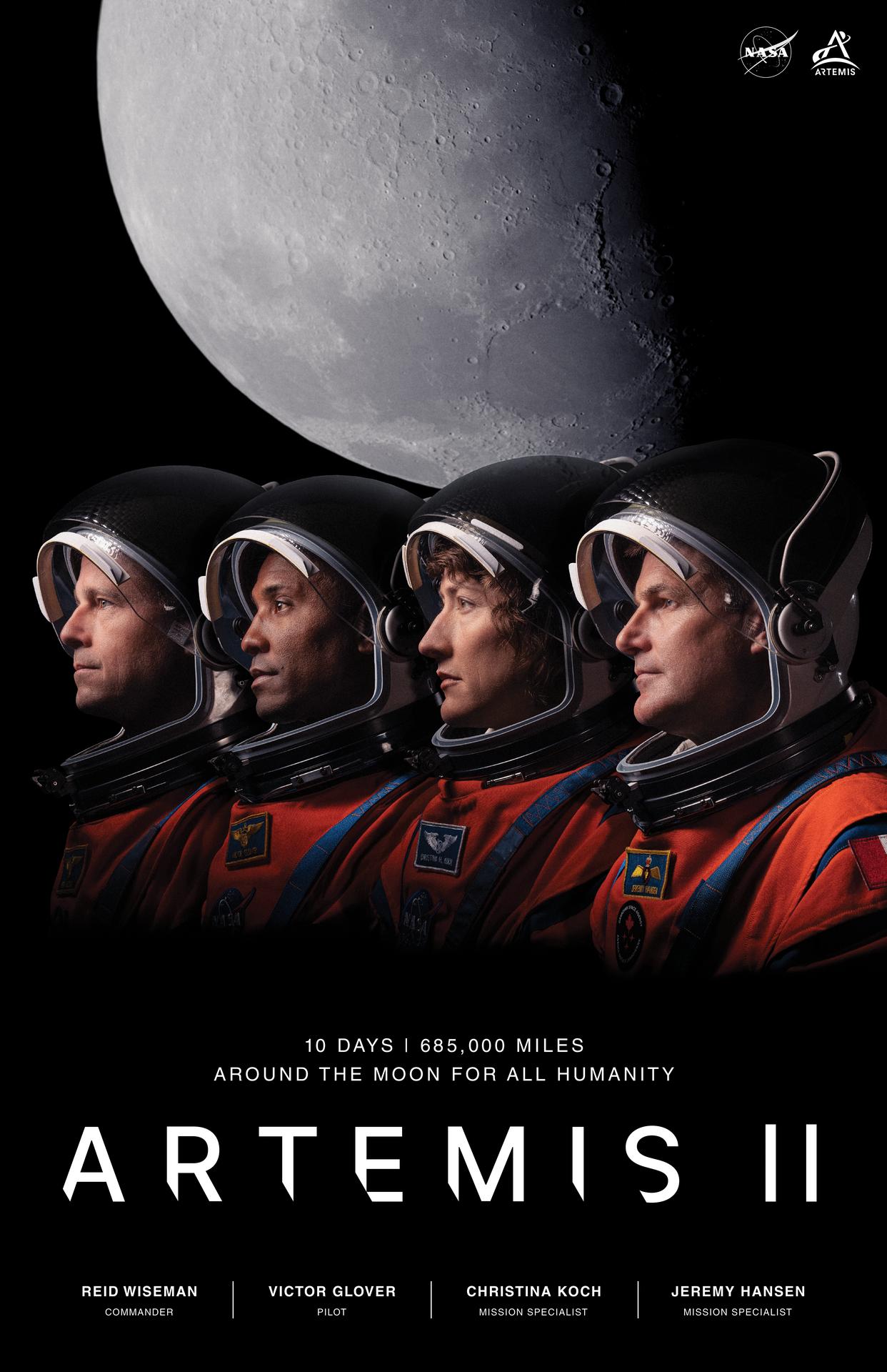 A poster showing the four Artemis II crew members in their spacesuits and helmets, with the visors up against a black backdrop with the Moon above them. 