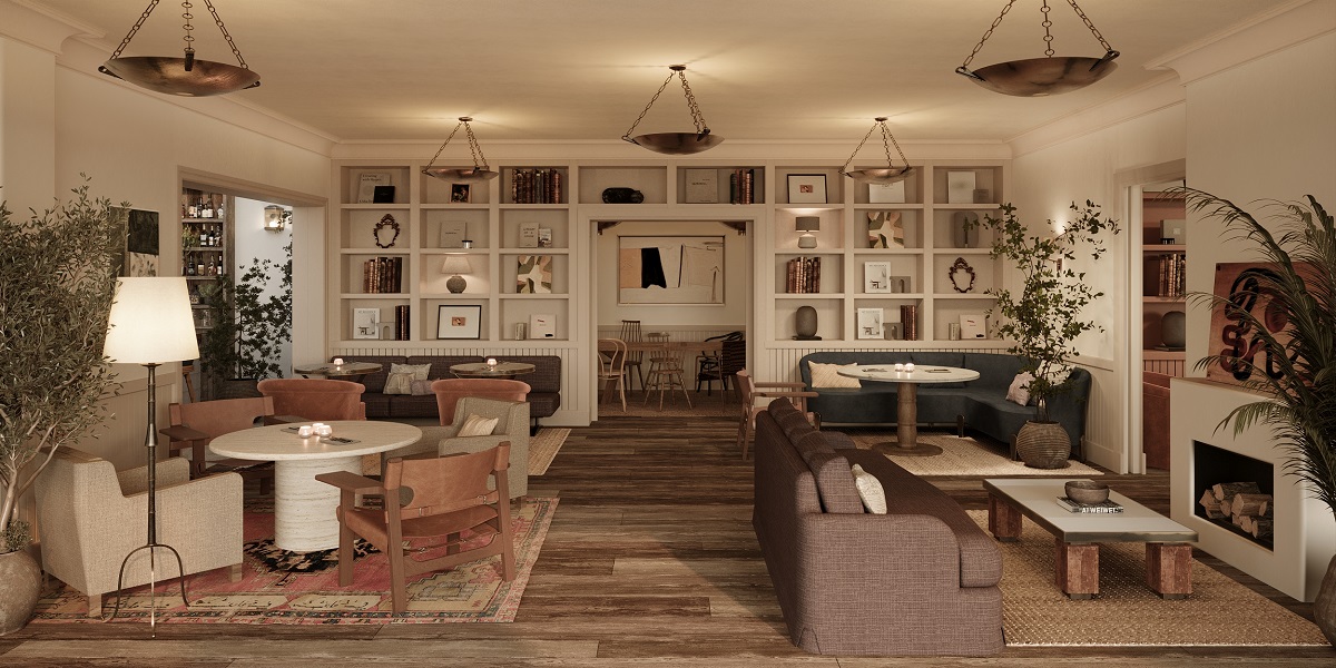 low tables, seating and floor lamps in lounge area in Borneta