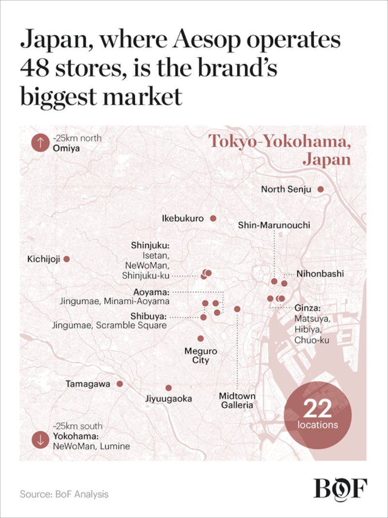 A map of Aesop stores in the greater Tokyo-Yokohama megalopolis.