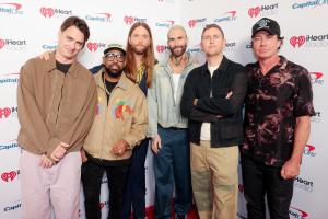 Sam Farrar, Paul "PJ" Morton, James Valentine, Adam Levine, Jesse Carmichael, Matt Flynn at the 2025 iHeartRadio Music Festival held at T-Mobile Arena on September 19, 2025 in Las Vegas, Nevada.