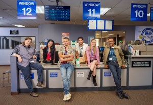 DMV (Mondays, 8:30-9:00 PM), based on award winning author Katherine Heiny’s short story, a single camera workplace comedy set at the place everyone dreads going most: the DMV. Our quirky and lovable characters are making minimum wage, doing a thankless job where customers are annoyed before they even walk in the door. Good thing they have each other.     Pictured (L-R): Molly Kearney as Barbara, Gigi Zumbado as Jocelyn, Tony Cavaleiro as Vic, Alex Tarrant as Noa, Harriet Dyer as Colette, Tim Meadows as Gregg.    Photo: Matt Barnes/CBS ©2025 CBS Broadcasting, Inc. All Rights Reserved.
