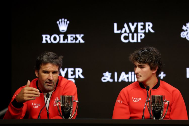 Learning from his elders: Joao Fonseca with Patrick Rafter after his stunning win on Friday over Flavio Cobolli. 