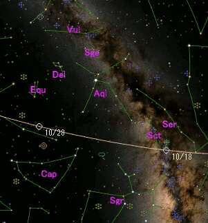 A star map with a glowing Milky Way in the right side of the image with constellations and a line showing the path of comet Swan