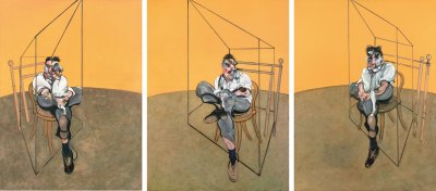 A triptych showing three distorted portraits of artist Lucian Freud in a wooden chair, depicted in Francis Bacon's typical style. 