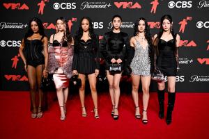 Lara Raj, Megan Skiendiel, Manon Bannerman, Sophia Laforteza, Daniela Avanzini, Yoonchae Jeong of KATSEYE at the MTV Video Music Awards 2025 held at UBS Arena on September 07, 2025 in New York, New York.