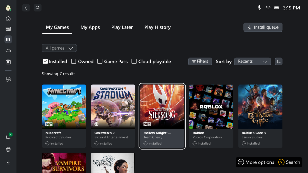 Screenshot showing game library as it appears on Xbox ROG Ally