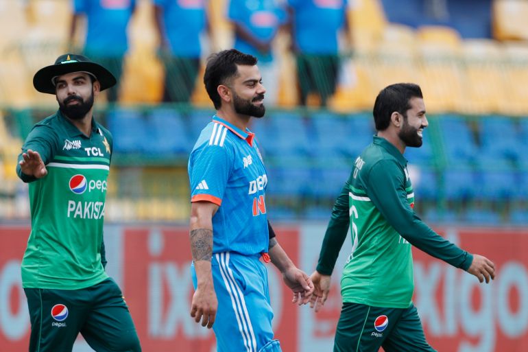 COLOMBO, SRI LANKA - SEPTEMBER 10: Mohammad Rizwan of Pakistan (R) , Virat Kohli of India (C) and Shadab Khan of Pakistan (L) during the Asia Cup Super Four match between India and Pakistan at R. Premadasa Stadium on September 10, 2023 in Colombo, Sri Lanka. (Photo by Surjeet Yadav/Getty Images)