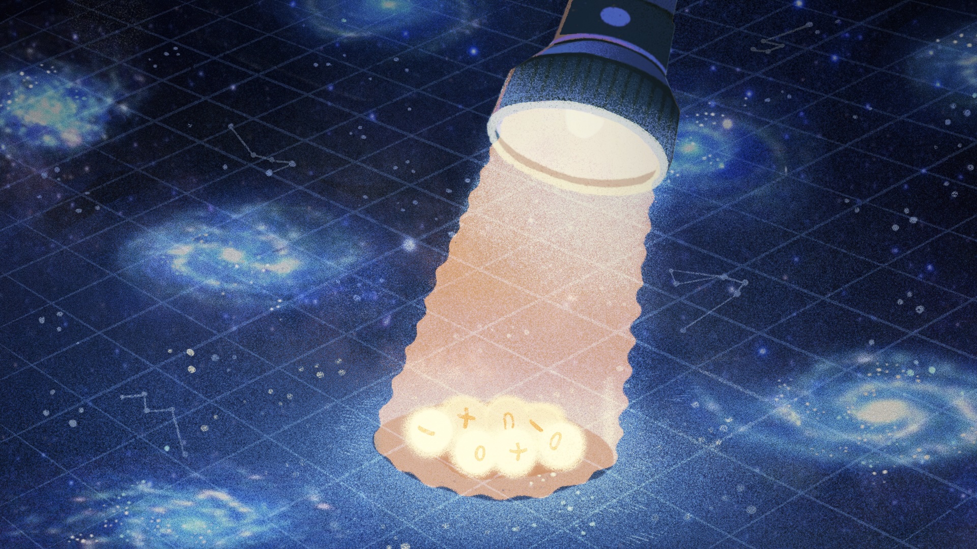 An illustration of a flashlight shining a light on different types of particles with a background of galaxies in outer space