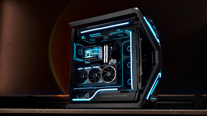 An ROG gaming PC with a vertically mounted ROG Astral GeForce RTX 50800 graphics card