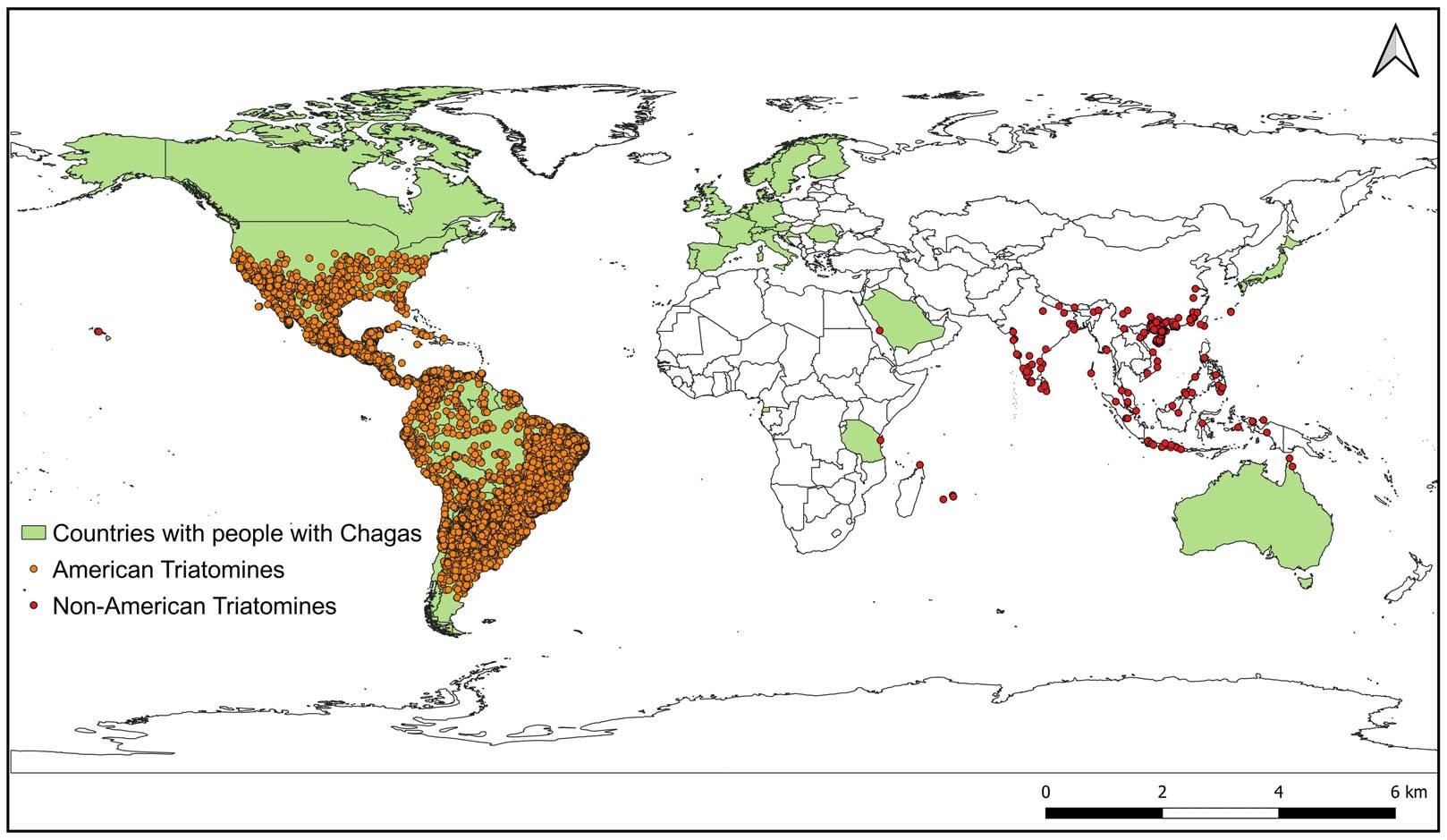 Global distribution of people with Chagas disease and triatomine vectors. Green polygons indicate countries with people infected with Trypanosoma cruzi, according to the latest official estimates (2018). Orange dots represent records of American triatomine speciesand red dots represent non-American triatomine species 