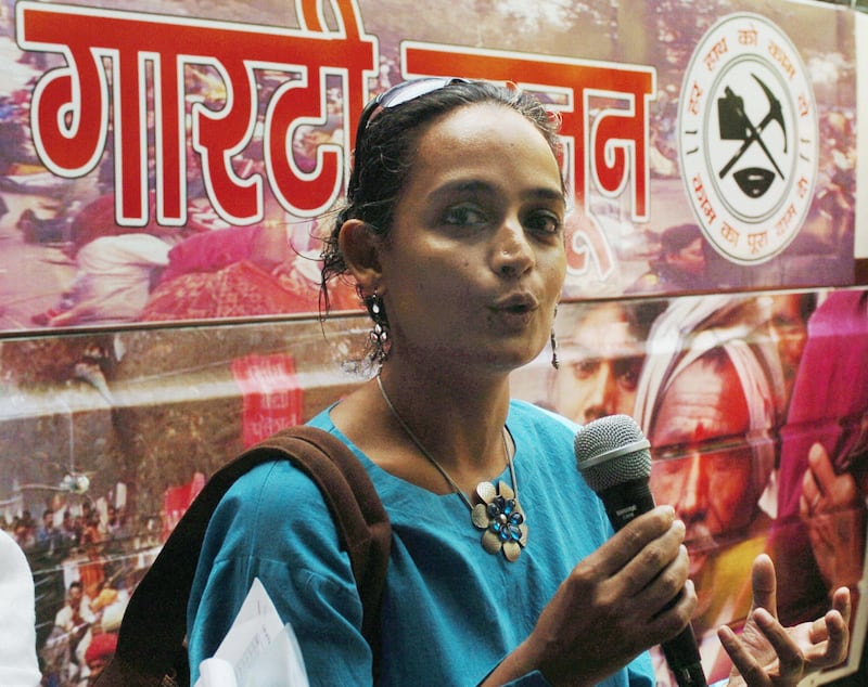 Arundhati Roy addresses an audience at the launch of the People's Action for Employment Guarantee in New Delhi, 2005. Photograph: Raveendran/AFP via Getty