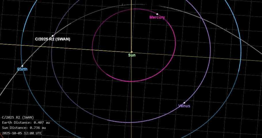 A orbit map for comet Swan in the solar system with labeled planets