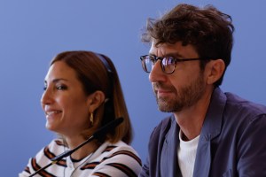 Directors Audrey Diwan and Massimiliano Camaiti at the press conference of Biennale College Cinema during the 2025 Venice Film Festival.