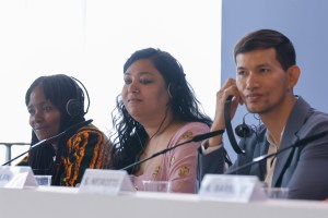 Directors Vincho Nchogu, Nidhi Saxena, Polen Ly at the press conference of Biennale College Cinema during the 2025 Venice Film Festival.