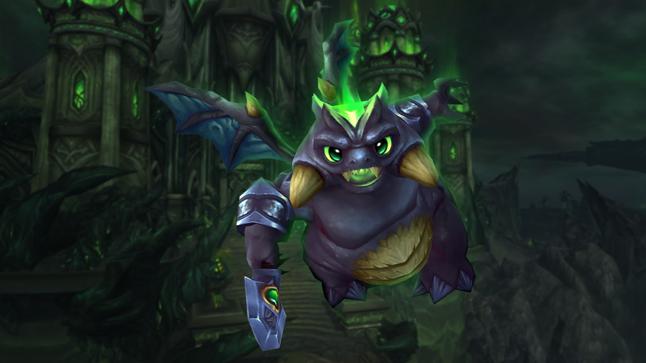 A small monster with wings and green fire coming off of its head.