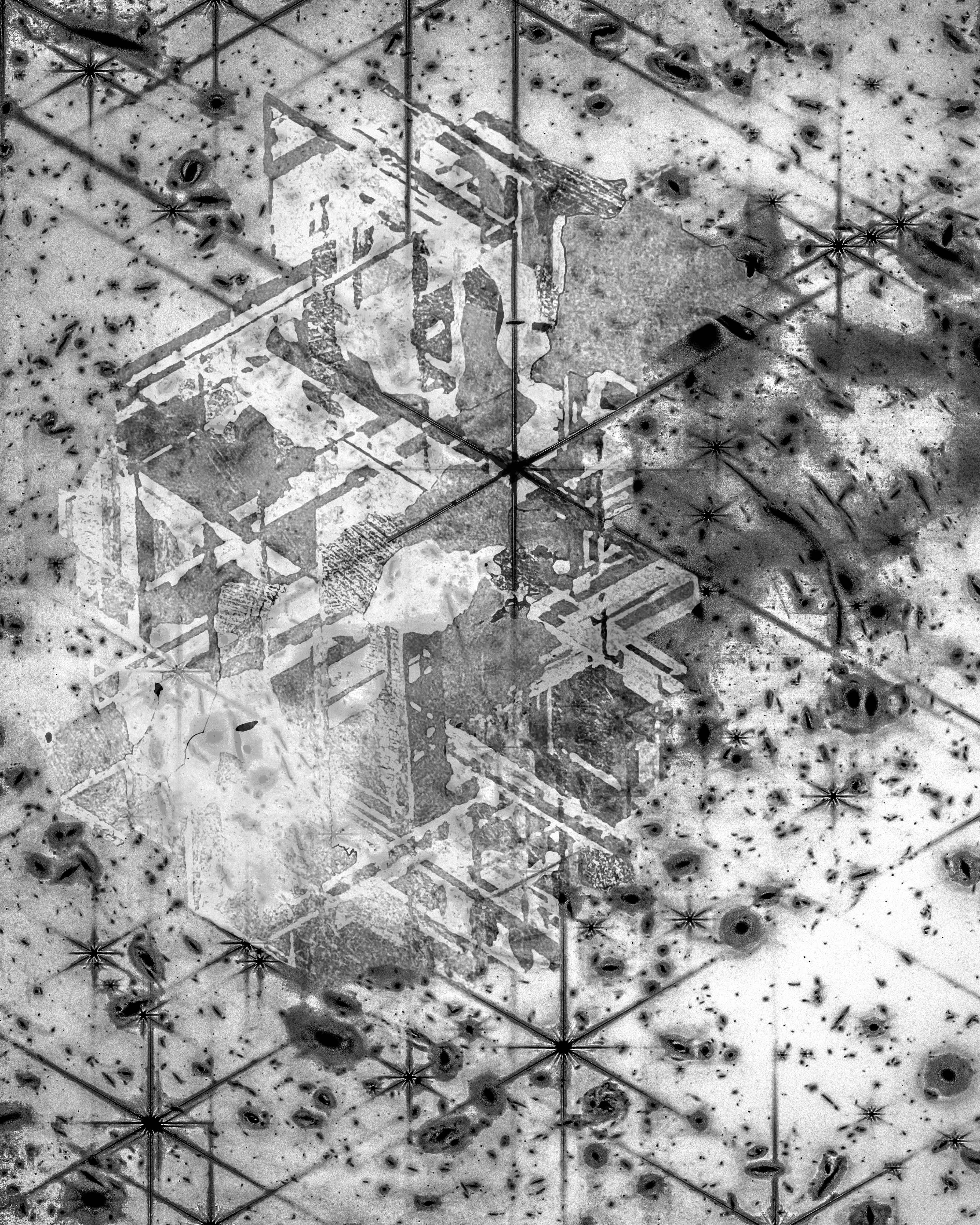 Geometric patterns converge to form a strange monochrome vista featuring overlapping diffraction-spike like objects.