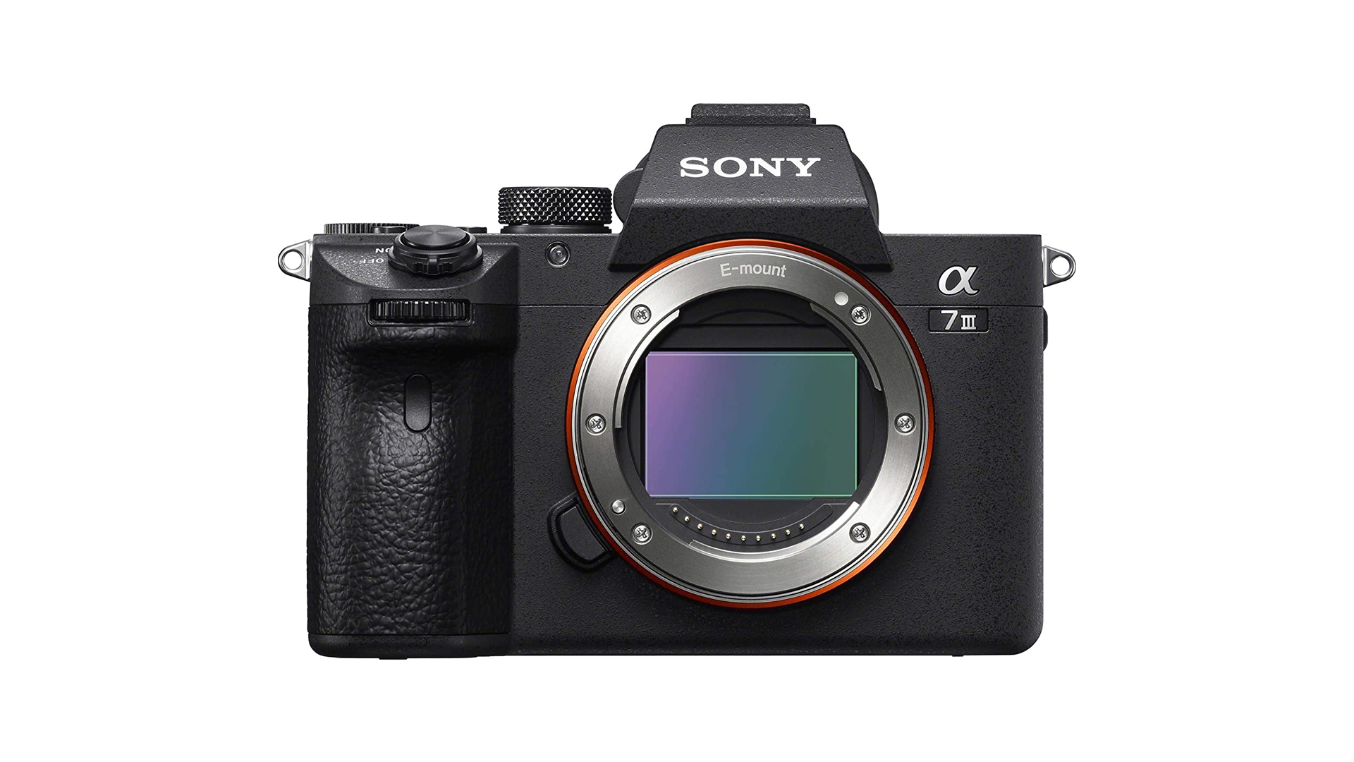 A face-on view of the Sony A7 III showing the front of the camera and the sensor.