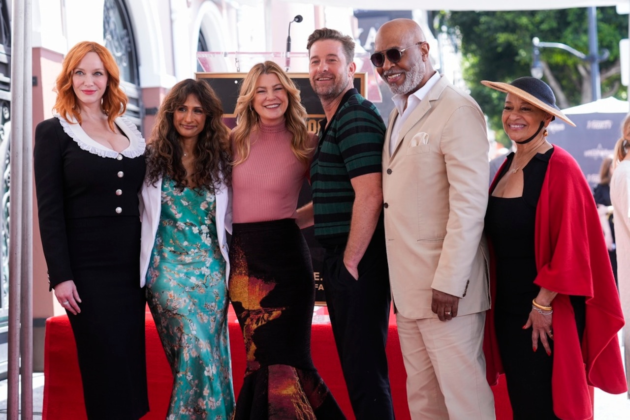 Christina Hendricks, from left, Sarayu Blue, Ellen Pompeo, Scott Speedman, James Pickens Jr., and Debbie Allen