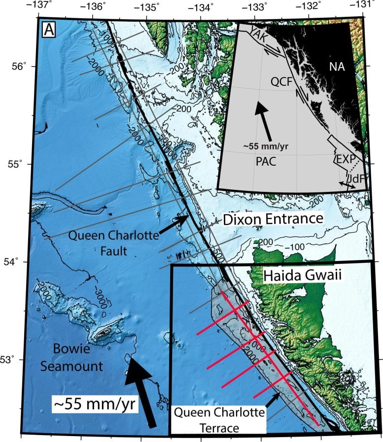 Map Showing Queen Charlotte Fault and Surrounding Tectonic Plates