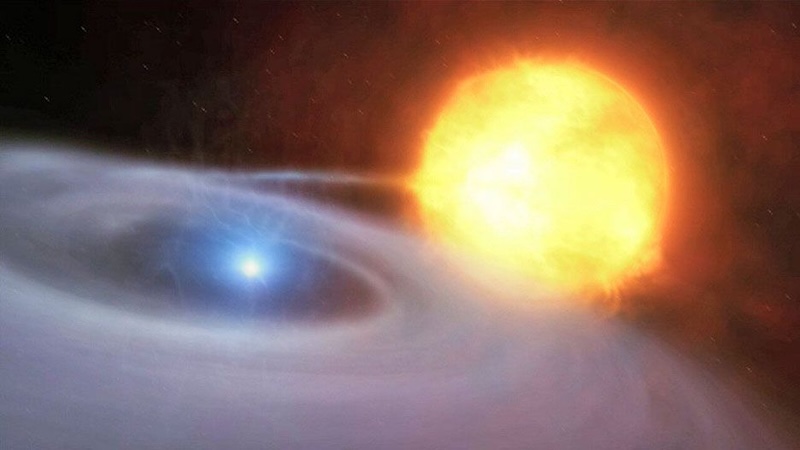 A large yellow star from which glowing gray material is pulled toward a smaller blue star, circling around it.