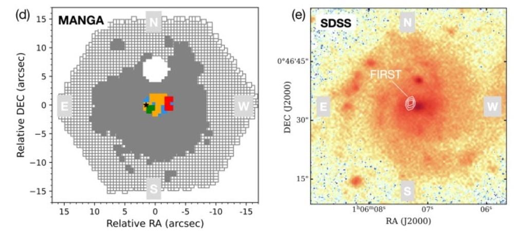 The left panel shows the spatial distribution of ionization across the galaxy, with the black star showing the position of the black hole. The right panel shows SDSS observations in its g-band, used to identify AGN. It also shows radio contours from the FIRST survey, showing that the AGN is offset. Image Credit: Liu et al. 2025. Science Bulletin.