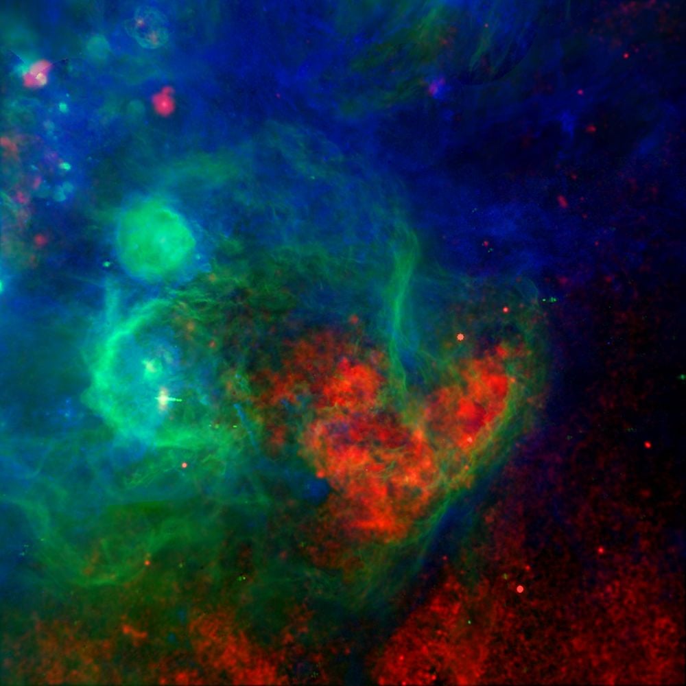 The Orion-Eridanus Superbubble as seen in H-alpha, far-infrared, and x-rays. The green dot on the upper left is the Lamda Orionis Ring and isn't part of the bubble. The green half-loop on the middle left is Barnard's Loop which is considered part of the Orion-Eridanus superbubble. Image Credit: Meli thev (own work) Creative Commons Attribution-Share Alike 4.0 International
