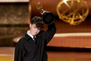 LOS ANGELES, CALIFORNIA - SEPTEMBER 14: Owen Cooper accepts the Outstanding Supporting Actor in a Limited or Anthology Series or Movie award for "Adolescence" onstage during the 77th Primetime Emmy Awards at Peacock Theater on September 14, 2025 in Los Angeles, California.  (Photo by Kevin Winter/Getty Images)
