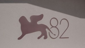 The logo for the 82nd Venice International Film Festival was designed at the Lido di Venezia on August 22, 2025 in Venice, Italy. The 82nd Venice International Film Festival is organized by La Biennale di Venezia and will take place at the Lido di Venezia from August 27 to September 6, 2025 (Credit: Stefano Mazzola/Getty Images)
