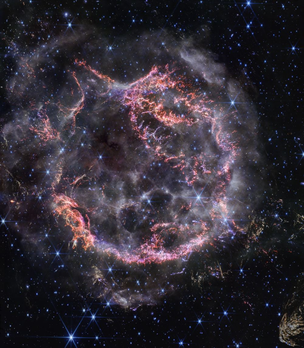 This high-definition image from NASA’s James Webb Space Telescope’s NIRCam (Near-Infrared Camera) unveils intricate details of supernova remnant Cassiopeia A (Cas A), and shows the expanding shell of material slamming into the gas shed by the star before it exploded. Image Credit: NASA, ESA, CSA, STScI, Danny Milisavljevic (Purdue University), Ilse De Looze (UGhent), Tea Temim (Princeton University)