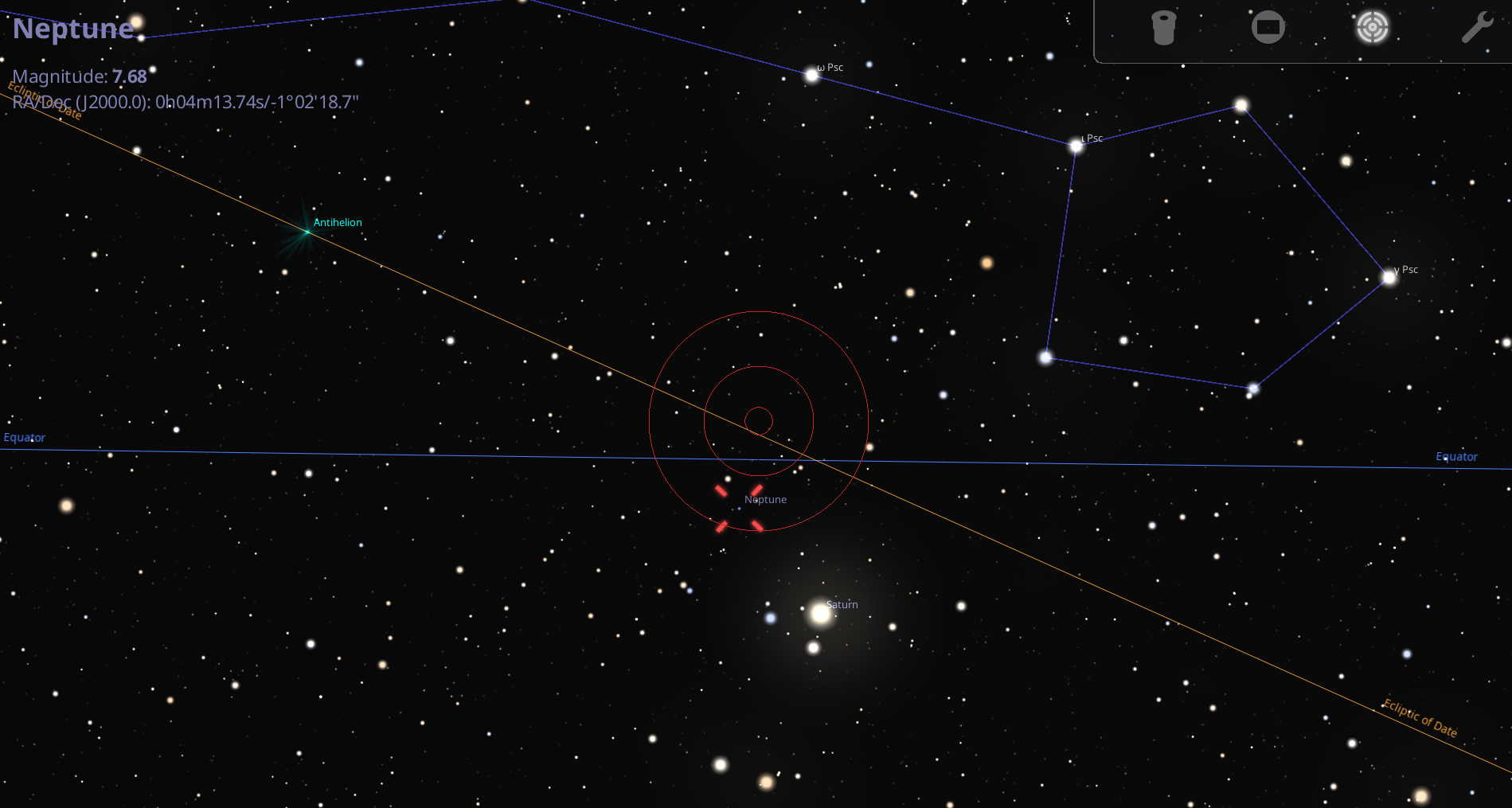 Saturn versus Neptune near opposition. Credit: Stellarium.