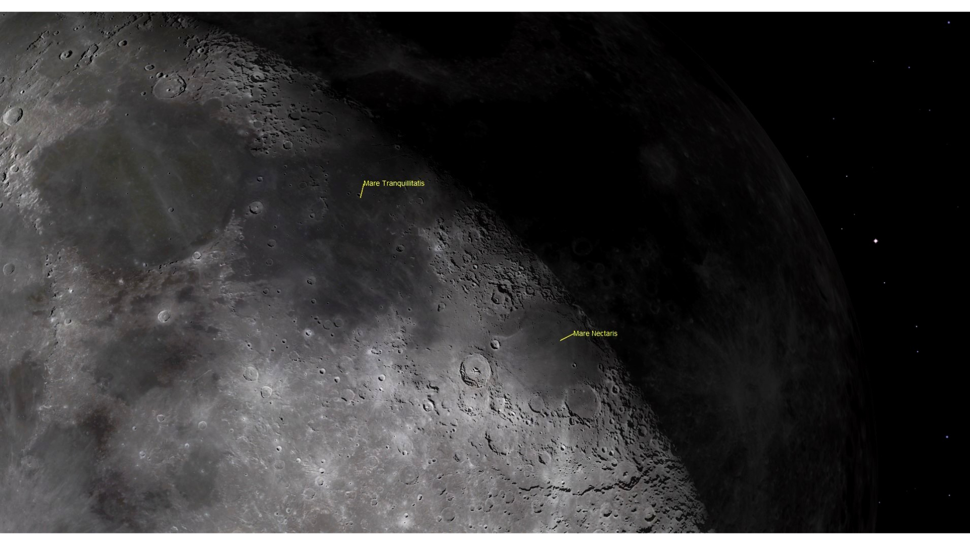 A close up of the moon's surface in space with labeled features like Mare Nectaris near craters on the moon
