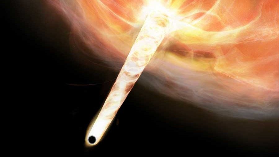 a black orb trailing a white swirl of light behind it