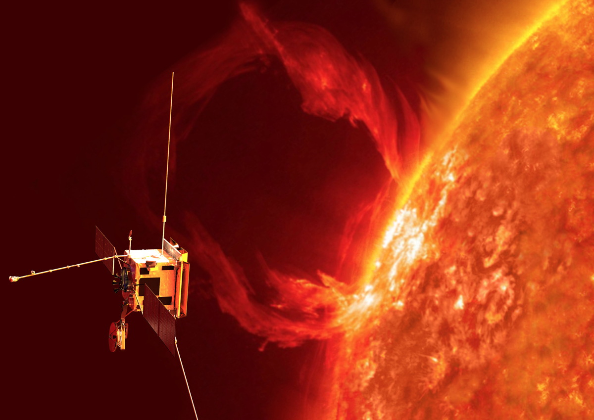a cube-shaped spacecraft with three stick-like appendages near a fiery orb