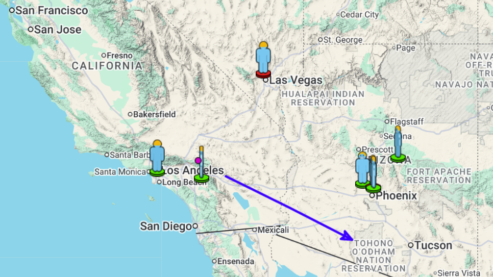 a map with a blue arrow pointing toward the bottom right and people avatars standing around.