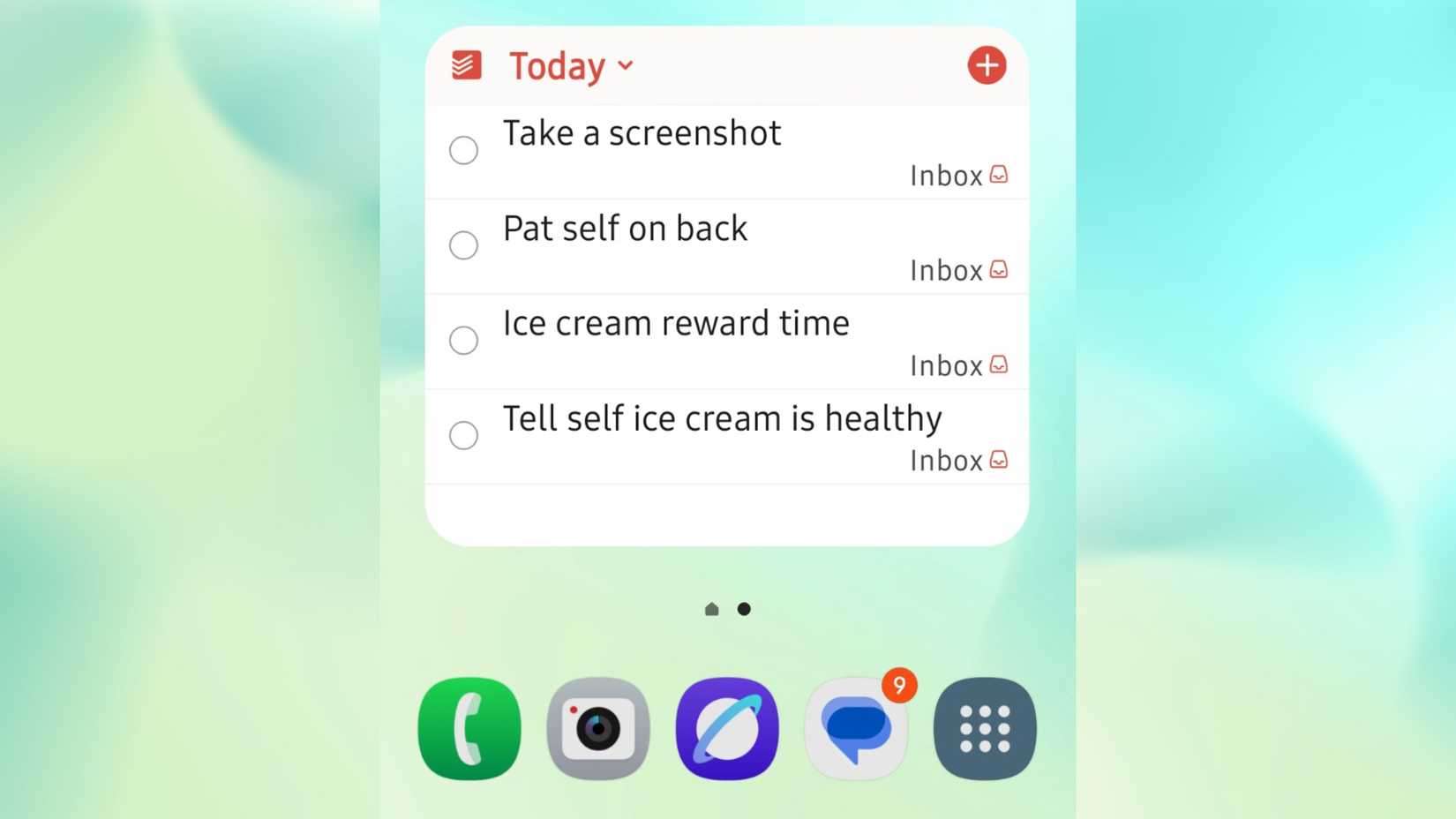 A list of objectives to do in the Todoist widget on the home screen of a phone