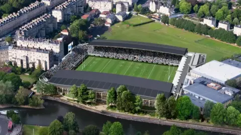 Bath Rugby CGI image of what the stadium could look like north of the river, with green space to the north of the stadium, and surrounded by buildings to the east and west.