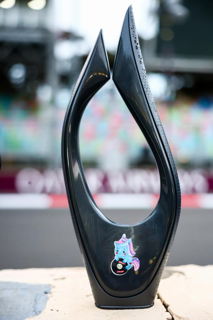 Carlos Sainz's unicorn sticker featured on his P3 Azerbaijan Grand Prix trophy