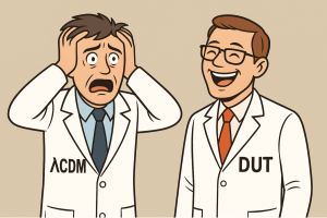 "Illustration of two scientists: one representing the ΛCDM model looking distressed by the discovery of ancient galaxies, and another representing the Dead Universe Theory (DUT) smiling confidently at the predictions."