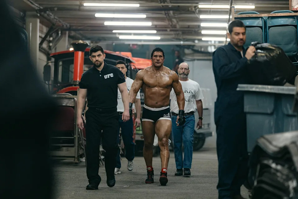 Dwayne Johnson showed off his bulked up physique in a scene from The Smashing Machine.