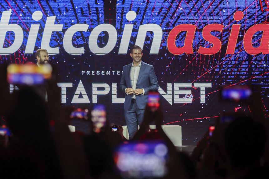 Eric Trump, son of President Donald Trump, during the Bitcoin Asia Summit at the Hong Kong Exhibition Centre in Hong Kong, on Friday.