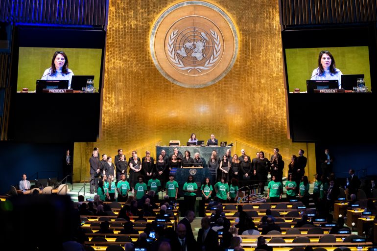Annalena Baerbock, president of the 80th session of the United Nations General Assembly (UNGA), addresses the 80th session of the UNGA at United Nations headquarters at the start of the High-Level Week, Monday, Sept. 22, 2025. (AP Photo/Angelina Katsanis)