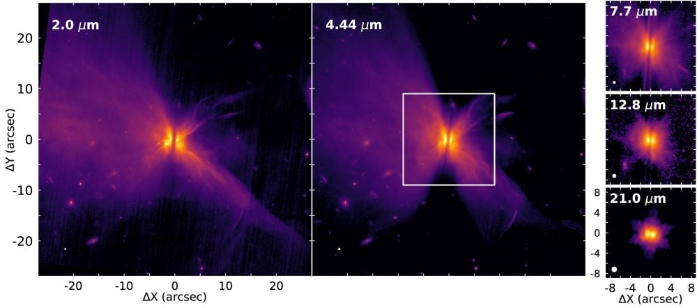 This figure from the research is an image gallery of the JWST observations of IRAS04302. Image Credit: M. Villenave et al. 2025. ApJ