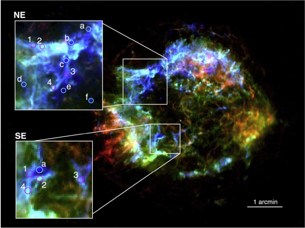 Inhomogeneous elemental distribution in Cas A observed by Chandra. The difference in the mixing ratio of blue and green colors clearly shows the different composition in the O-rich ejecta. The red, green, and blue include emission within energy bands of 6.54–6.92 keV (Fe Heα), 1.76–1.94 keV (Si Heα), and 0.60–0.85 keV (O lines), respectively. The ejecta highlighted in red and green are products of explosive nucleosynthesis, while the ejecta in blue and emerald green reflect stellar nucleosynthesis. The circles in the small panels are O-rich regions used for spectral analysis. The regions of high and low X-ray intensity in the Si band are indicated by the magenta and cyan circles, respectively. Image Credit: Toshiki Sato et al 2025 ApJ 990 103