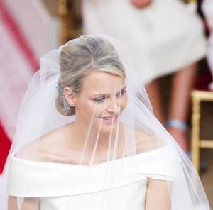 Princess Charlene's wears her Giorgio Armani-designed wedding dress.