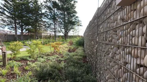 Betsi Cadwaladr health board The garden at the new Maggie's centre in Denbighshire. It shows a stone walled garden, young shrubs and trees, a lawned area and a path.